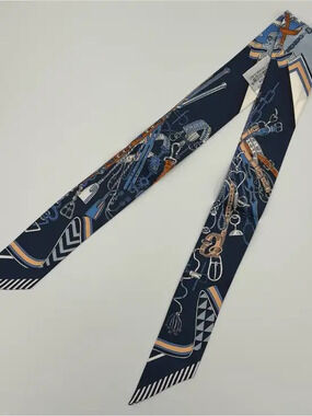 Hermes Paris Twilly Navy Equestrian 100% Silk Scarf Ribbon